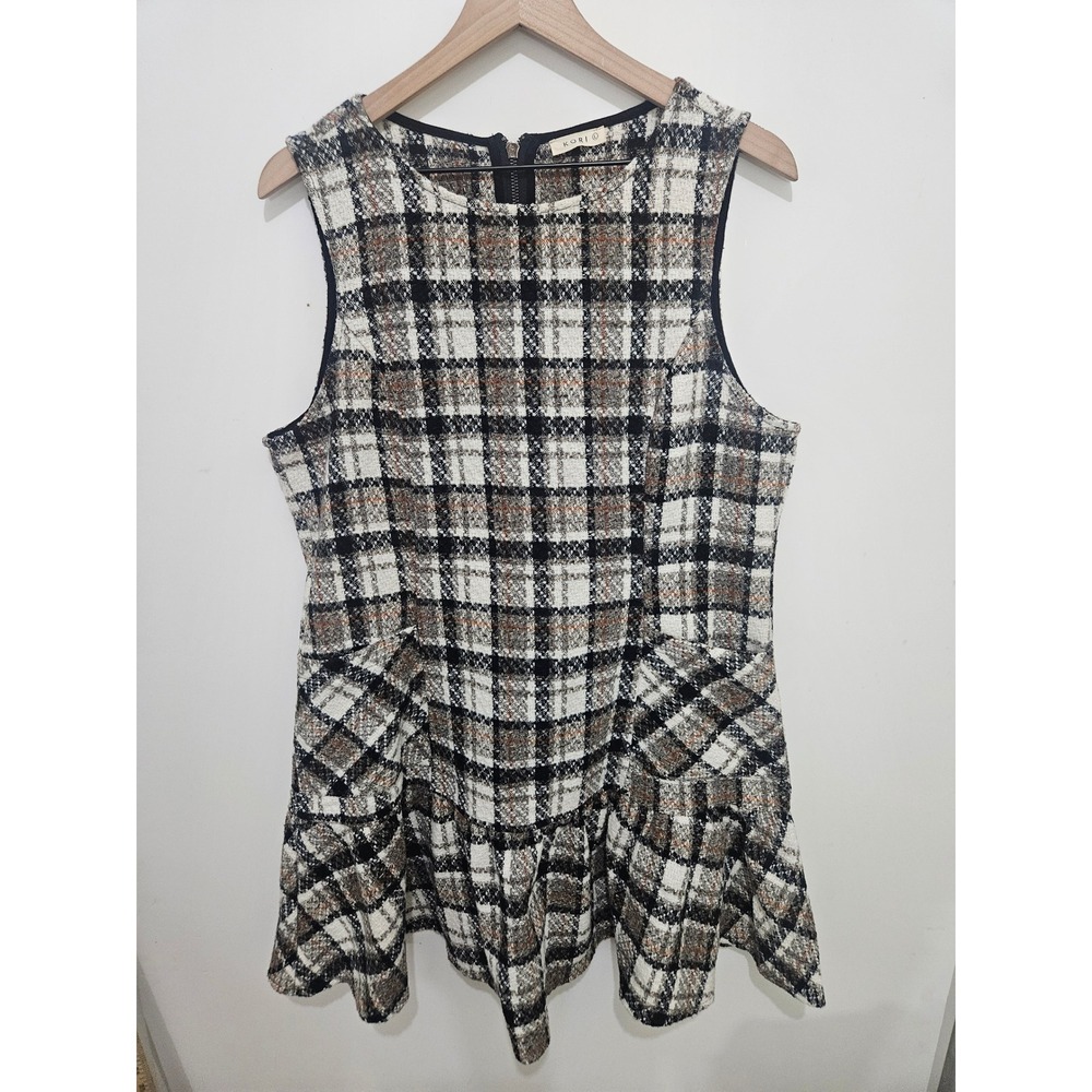 Kori Womens Plaid Tweed Sleeveless‎ Ruffle Hem Mini Dress Black White B7918 L